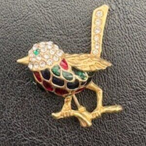 Colorful mockingbird brooch-Enamel & jeweled goldtone